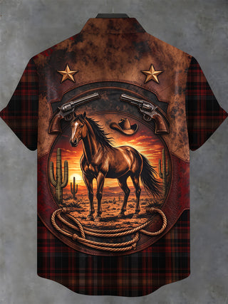 Adaychic Men's Short Sleeve Stand Collar Shirt - Western Horse And Desert Sunset Print with Chest Pocket