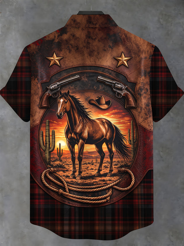 Adaychic Men's Short Sleeve Stand Collar Shirt - Western Horse And Desert Sunset Print with Chest Pocket