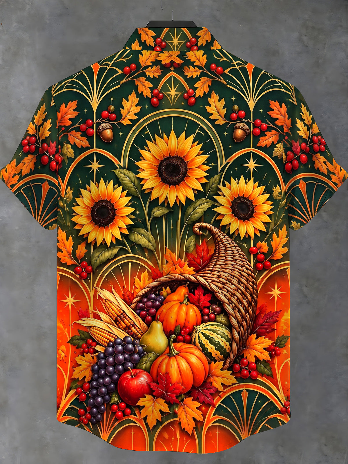 Adaychic Men's Short Sleeve Stand Collar Shirt - Thanksgiving Day Sunflowers And Cornucopia With Autumn Harvest Print with Chest Pocket