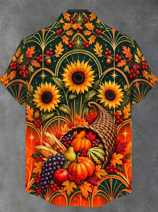Adaychic Men's Short Sleeve Stand Collar Shirt - Thanksgiving Day Sunflowers And Cornucopia With Autumn Harvest Print with Chest Pocket