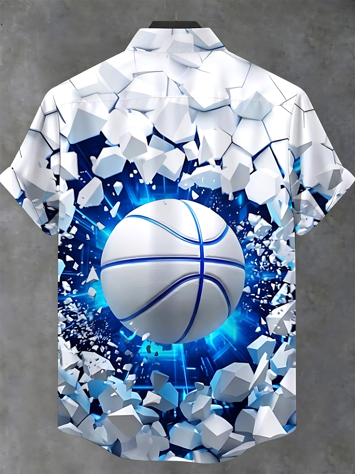Adaychic Men's Short Sleeve Stand Collar Shirt - 3D Basketball Shattering Through White Geometric Blocks Print with Chest Pocket