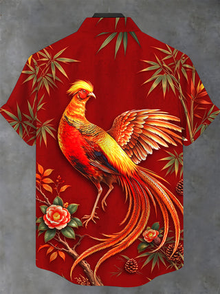 Adaychic Men's Golden Pheasant Print Short Sleeve Stand Collar Shirt with Chest Pocket