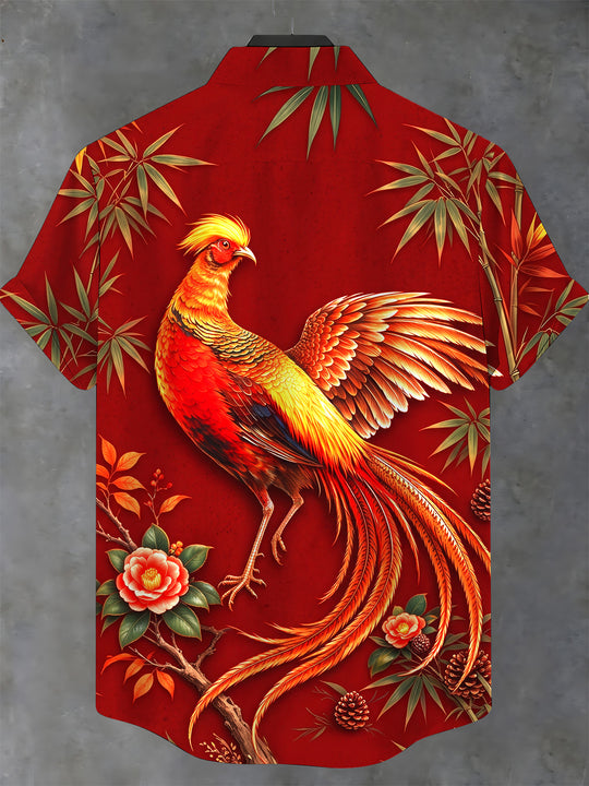 Adaychic Men's Golden Pheasant Print Short Sleeve Stand Collar Shirt with Chest Pocket