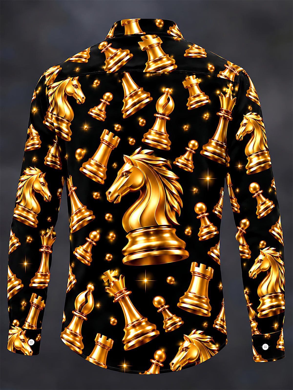 Adaychic Men's Patterned Gold Chess Pieces Print Long Sleeve Shirt with Chest Pocket