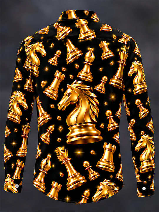 Adaychic Men's Patterned Gold Chess Pieces Print Long Sleeve Shirt with Chest Pocket