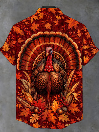 Adaychic Men's Thanksgiving Turkey And Autumn Leaves Print Short Sleeve Shirt with Chest Pocket