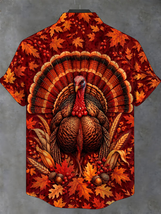 Adaychic Men's Thanksgiving Turkey And Autumn Leaves Print Short Sleeve Shirt with Chest Pocket