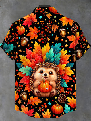 Adaychic Men's Short Sleeve Stand Collar Shirt - Hedgehog Holding A Pumpkin With Autumn Leaves Print with Chest Pocket
