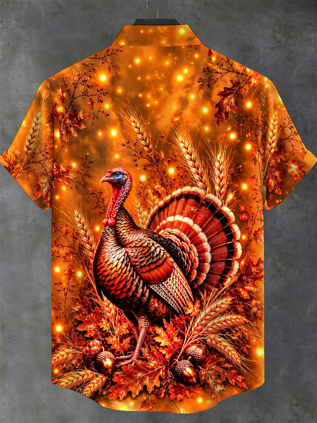 Adaychic Men's Short Sleeve Stand Collar Shirt - Thanksgiving Turkey With Wheat And Acorns Print with Chest Pocket