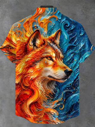 Adaychic Men's Wolf Head With Fire And Water Swirls Print Short Sleeve Shirt with Chest Pocket