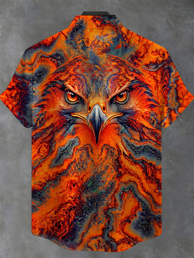 Adaychic Men's Vintage Style Abstract Eagle Face Print Short Sleeve Shirt with Chest Pocket