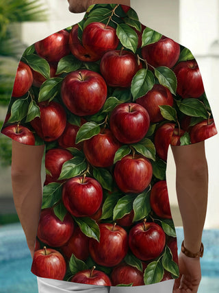 Adaychic Men's Hawaiian Red Apples And Green Leaves Print Short Sleeve Shirt with Chest Pocket