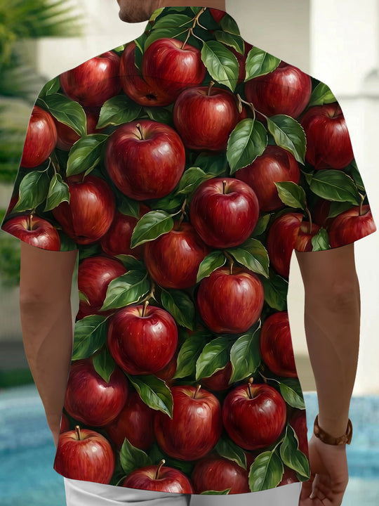 Adaychic Men's Hawaiian Red Apples And Green Leaves Print Short Sleeve Shirt with Chest Pocket
