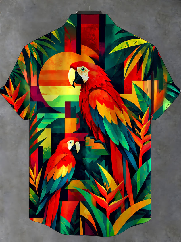Adaychic Men's Hawaiian Parrots And Sunset Print Short Sleeve Shirt with Chest Pocket
