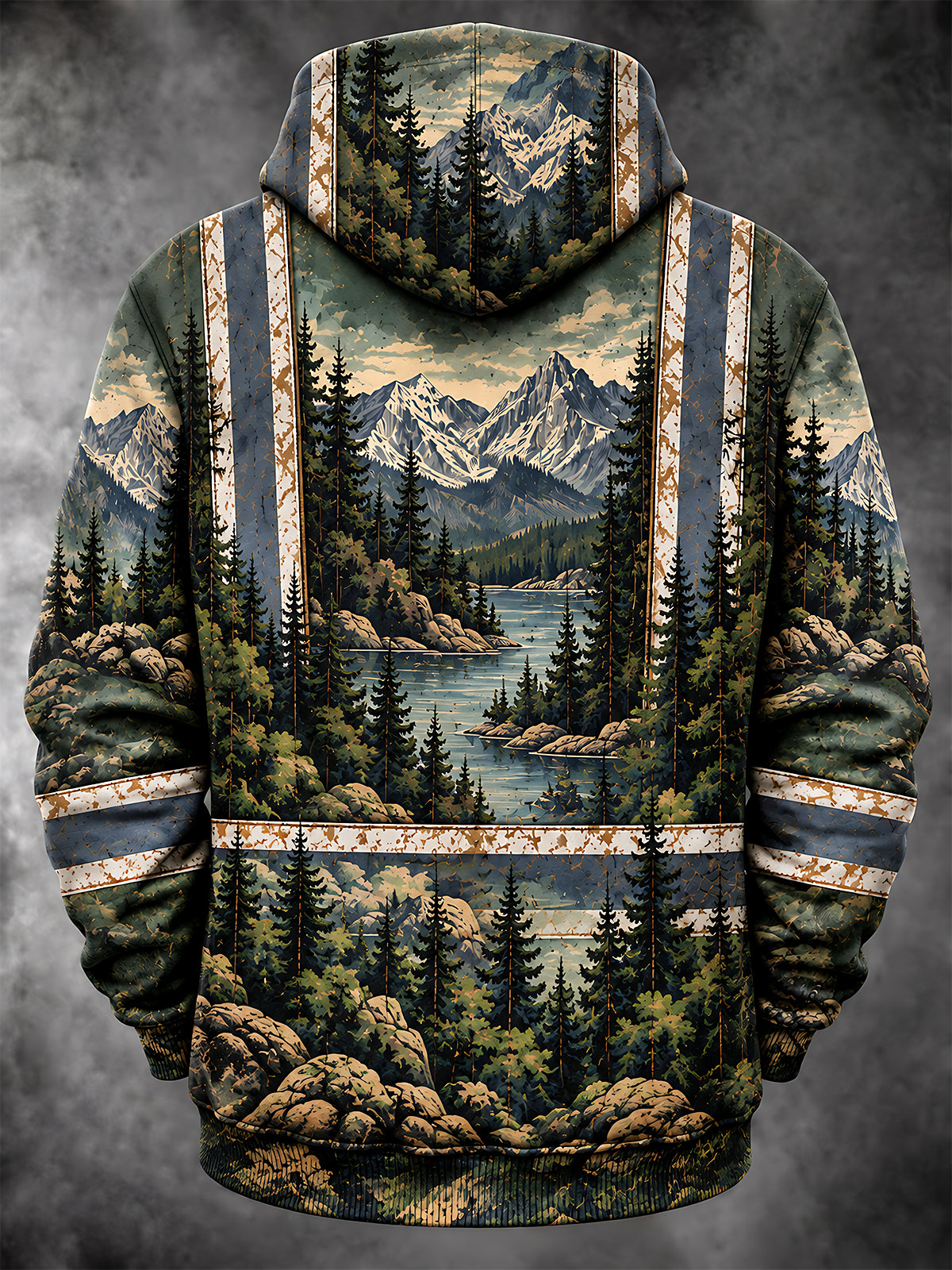 Adaychic Men's Mountain Landscape With Pine Trees Print Long Sleeve Hoodie