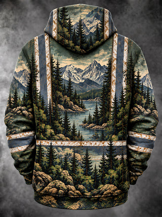 Adaychic Men's Mountain Landscape With Pine Trees Print Long Sleeve Hoodie