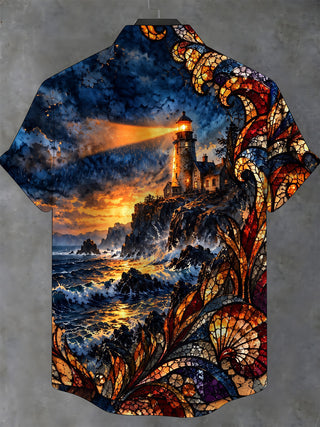 Adaychic Men's Hawaiian Lighthouse And Ocean Sunset Print Short Sleeve Shirt with Chest Pocket