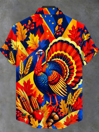 Adaychic Men's Short Sleeve Stand Collar Shirt - Thanksgiving Turkey And Harvest Elements Print with Chest Pocket