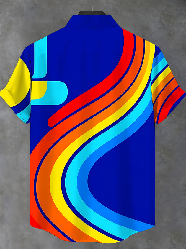 Adaychic Men's Short Sleeve Stand Collar Shirt - Neon Geometric Curved Lines And Circles Print with Chest Pocket