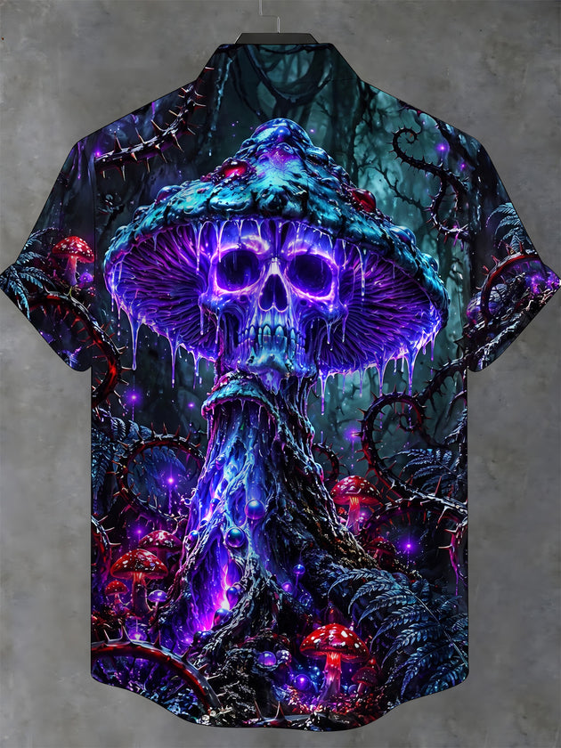Adaychic Men's Graphic Neon Skull Mushroom Print Short Sleeve Shirt with Chest Pocket