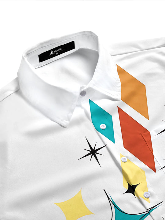Adaychic Men's Retro Geometric Diamonds Print Short Sleeve Shirt with Chest Pocket