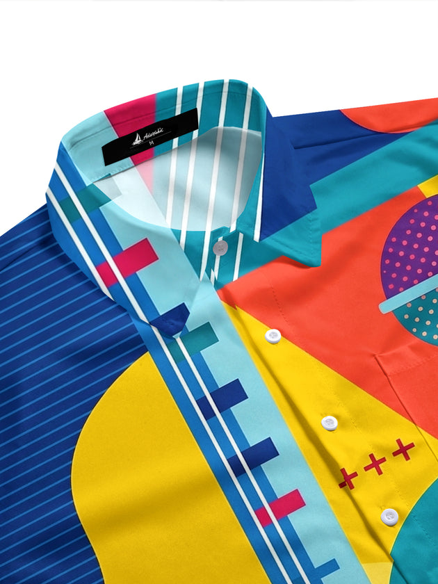Adaychic Men's Geometric Music Instruments Print Short Sleeve Shirt with Chest Pocket
