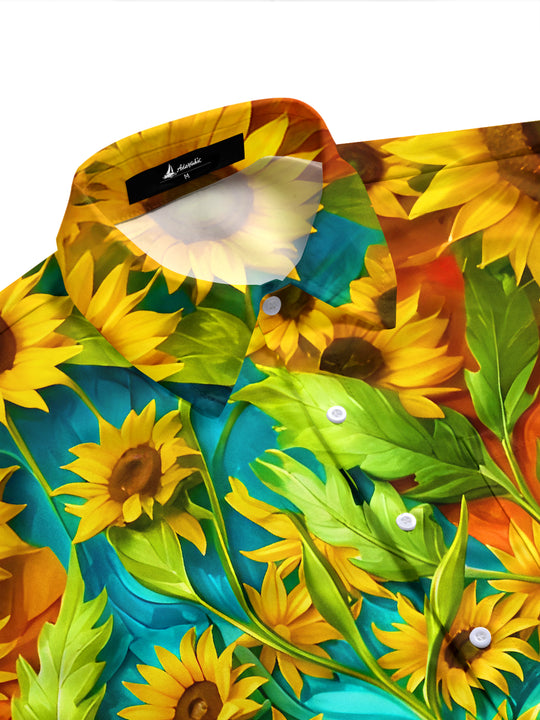 Men's aloha half sleeve shirt with sunflower botanical print side view