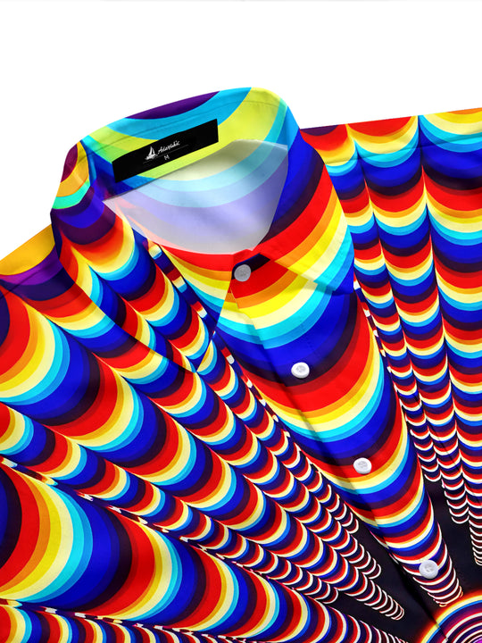 Adaychic Men's Geometric Psychedelic Rainbow Arc Print Short Sleeve Shirt with Chest Pocket