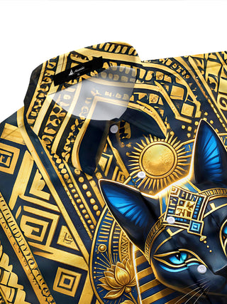 Adaychic Men's Graphic Floral Egyptian Cat Pharaoh Print Short Sleeve Button Down Shirt with Chest Pocket