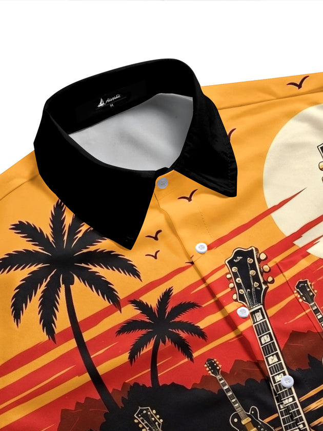 Adaychic Men's Hawaiian Tropical Guitar Palm Tree Sunset Print Short Sleeve Button Down Shirt with Chest Pocket