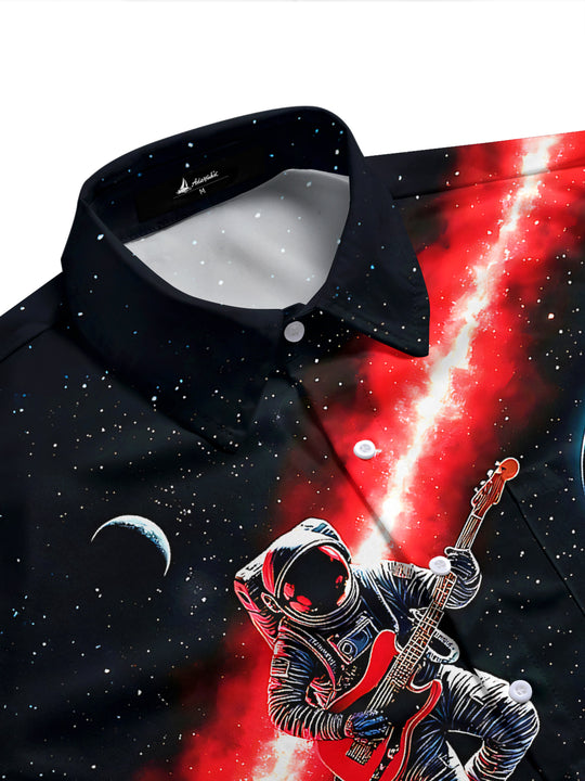 Adaychic Men's Graphic Astronaut Band Print Short Sleeve Shirt with Chest Pocket