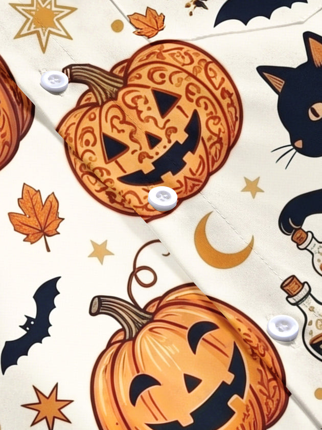Adaychic Men's Halloween Black Cats And Pumpkins Print Short Sleeve Shirt with Chest Pocket