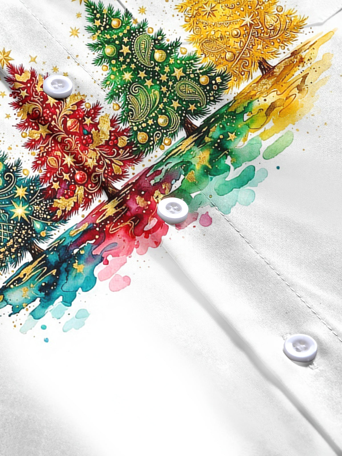 Adaychic Men's Long Sleeve Shirt - Watercolor Christmas Trees With Ornaments And Stars Print with Chest Pocket