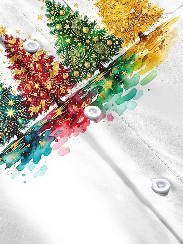 Adaychic Men's Long Sleeve Shirt - Watercolor Christmas Trees With Ornaments And Stars Print with Chest Pocket