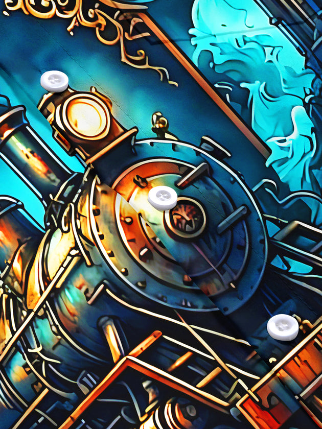 Adaychic Men's Steampunk Train And Coastal Lighthouse Print Short Sleeve Shirt with Chest Pocket