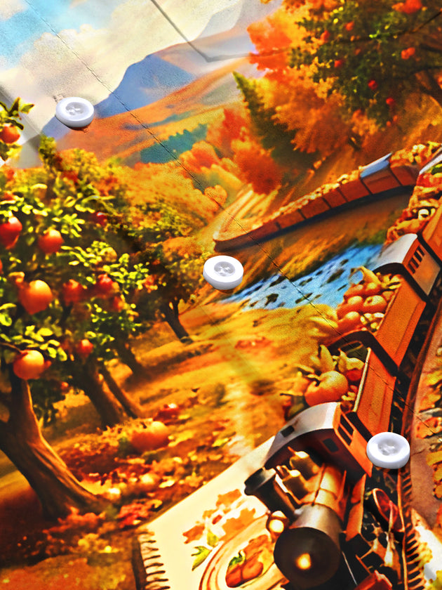 Adaychic Men's Long Sleeve Shirt - Autumn Landscape With Steam Train And Pumpkins Print with Chest Pocket