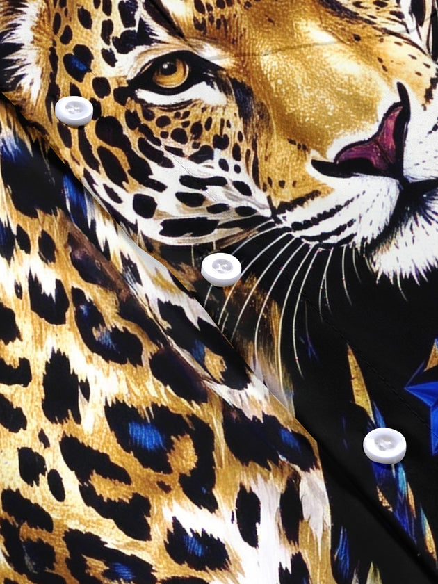 Adaychic Men's Leopard And Butterflies Print Short Sleeve Shirt with Chest Pocket