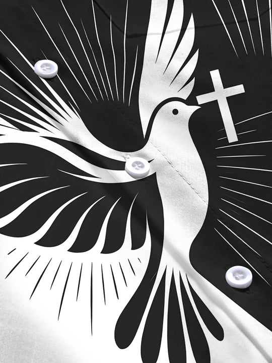 Adaychic Men's Graphic Peace Dove And Cross Print Long Sleeve Shirt with Chest Pocket