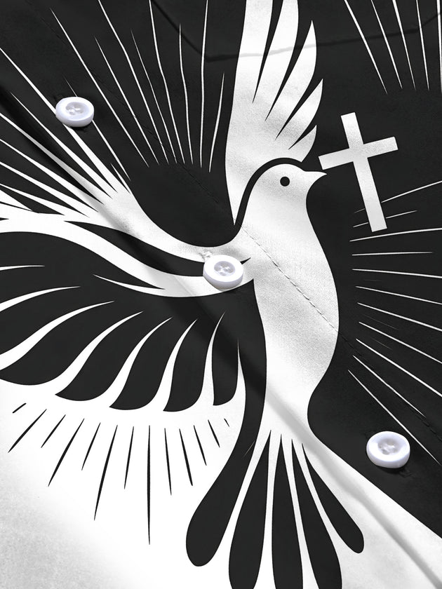 Adaychic Men's Graphic Peace Dove And Cross Print Long Sleeve Shirt with Chest Pocket