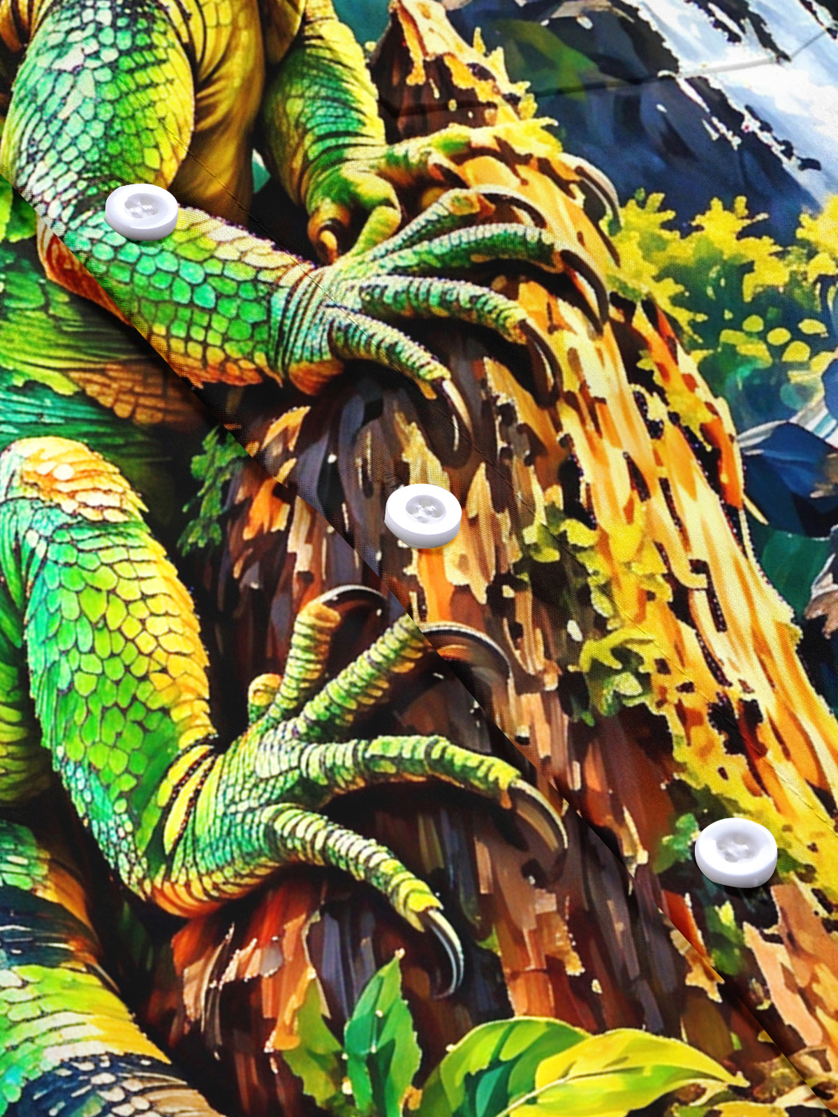Adaychic Men's Hawaiian Green Iguana On Tree Trunk Print Short Sleeve Shirt with Chest Pocket