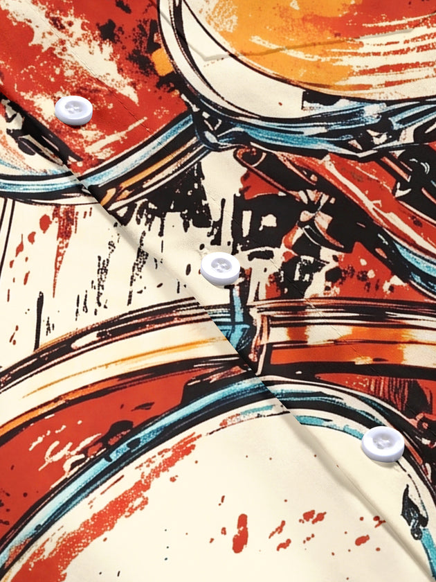 Adaychic Men's Graphic Drum Set Print Music Instrument Print Short Sleeve Shirt with Chest Pocket
