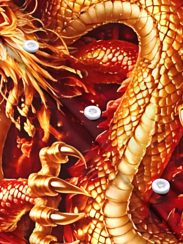 Adaychic Men's Short Sleeve Stand Collar Shirt - Autumn Dragon With Maple Leaves And Wheat Print with Chest Pocket
