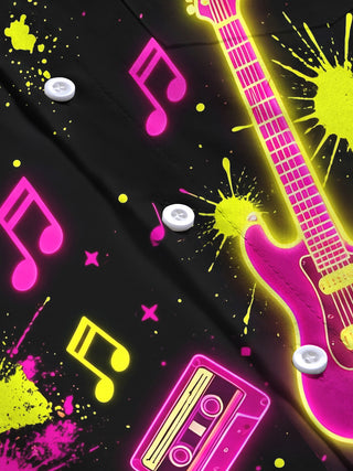 Adaychic Men's Neon Electric Guitar And Music Notes Print Long Sleeve Shirt with Chest Pocket