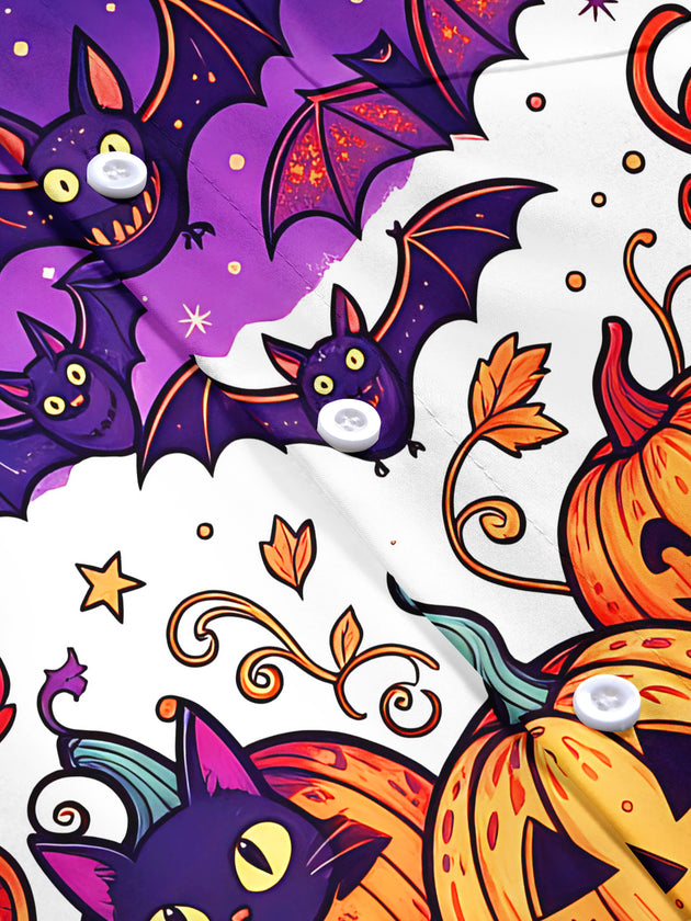 Adaychic Men's Halloween Black Cats And Pumpkins Print Short Sleeve Shirt with Chest Pocket