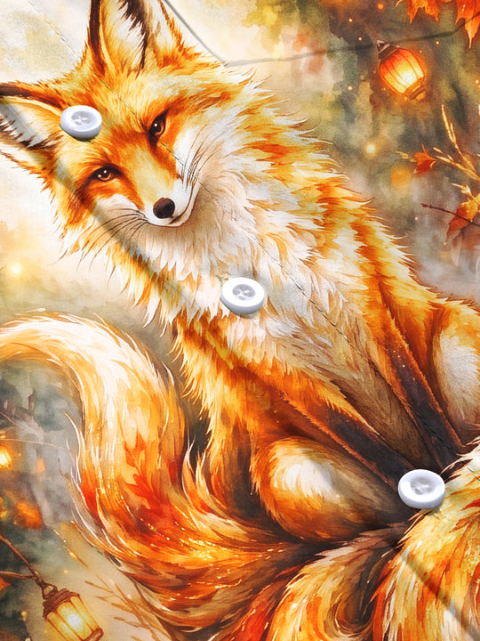 Adaychic Men's Autumn Fox With Lanterns And Leaves Print Long Sleeve Shirt with Chest Pocket
