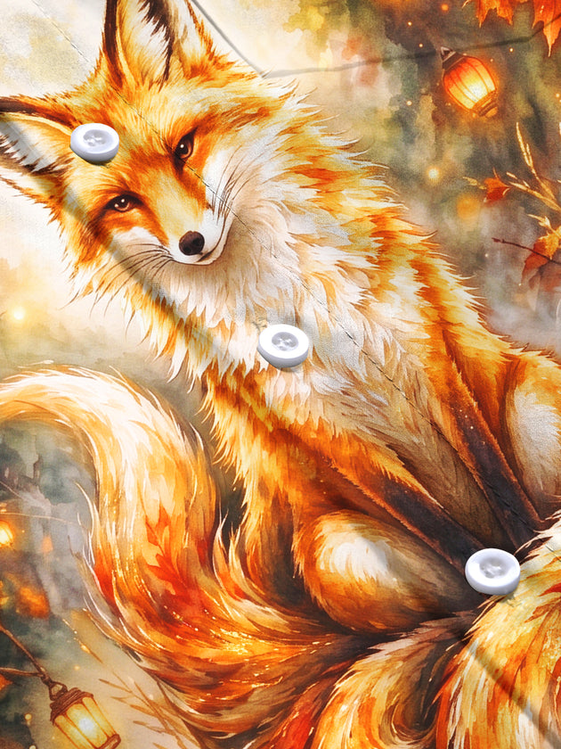 Adaychic Men's Autumn Fox With Lanterns And Leaves Print Long Sleeve Shirt with Chest Pocket