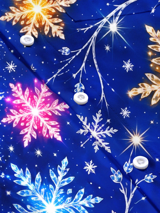 Adaychic Men's Colorful Snowflakes And Branches Print Short Sleeve Shirt with Chest Pocket