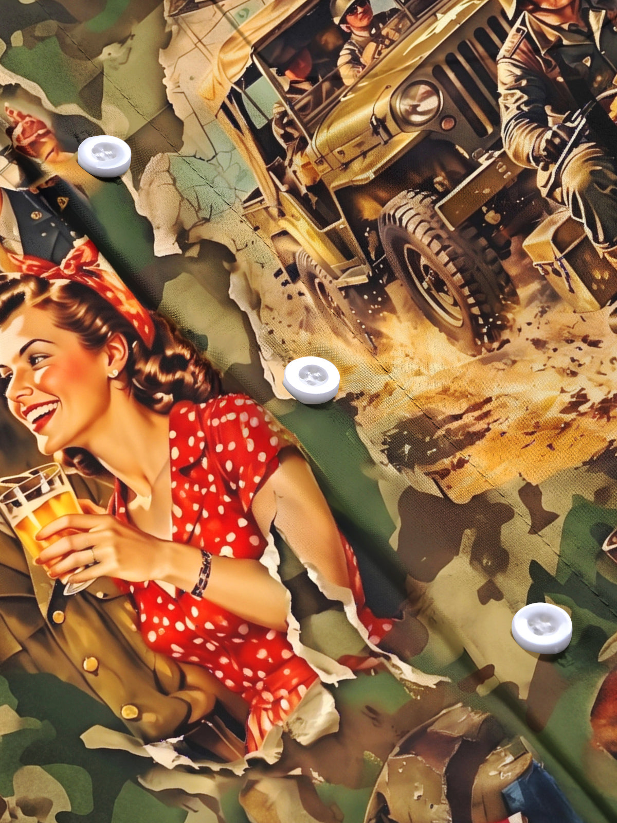 Adaychic Men's Short Sleeve Shirt - Vintage Military Soldiers And Pin-up Girl Print with Chest Pocket