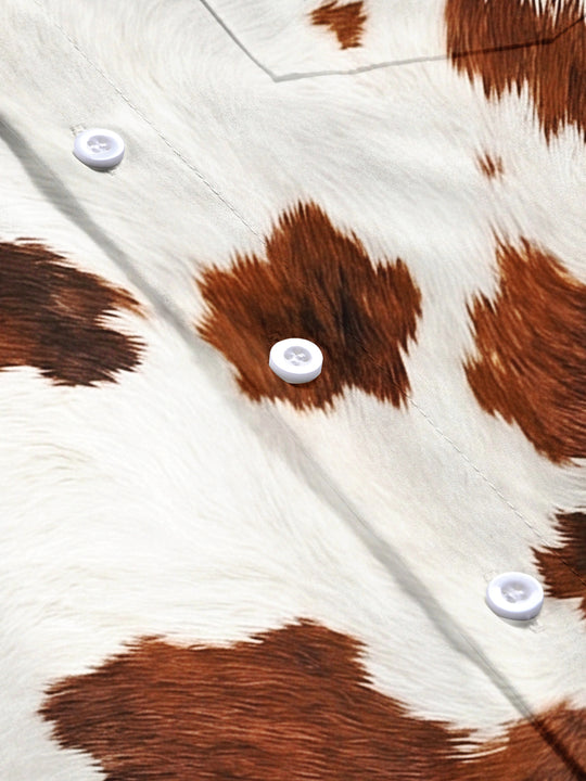 Adaychic Men's Patterned Cow Print Cowhide Pattern Short Sleeve Shirt with Chest Pocket