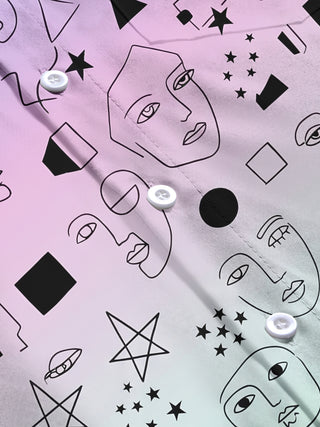 Adaychic Men's Long Sleeve Shirt - Abstract Line Art Faces And Geometric Shapes Print with Chest Pocket